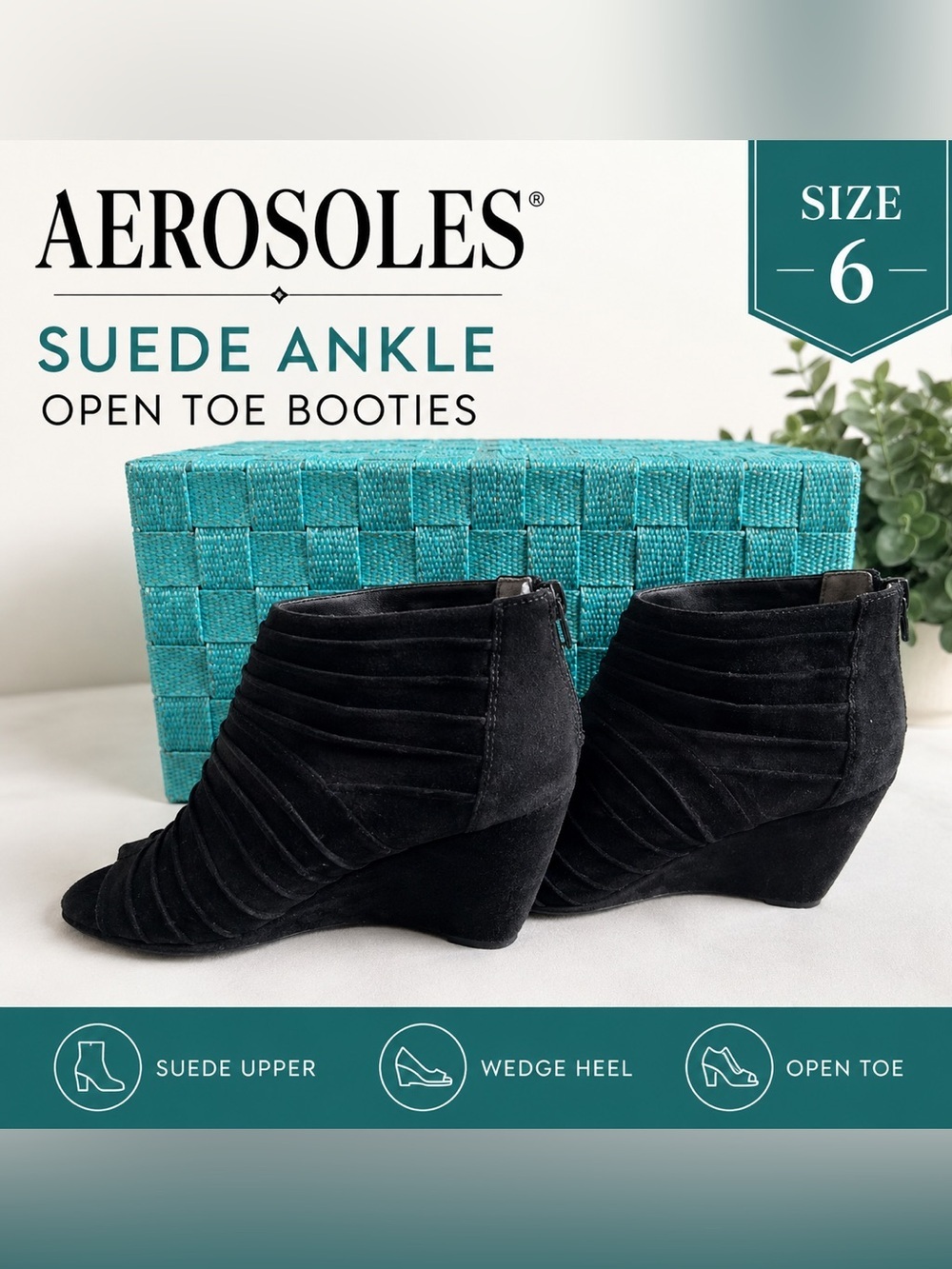 Aerosoles Black Suede Open Toe Wedge Ankle Booties Women’s Size 6 Comfort Chic